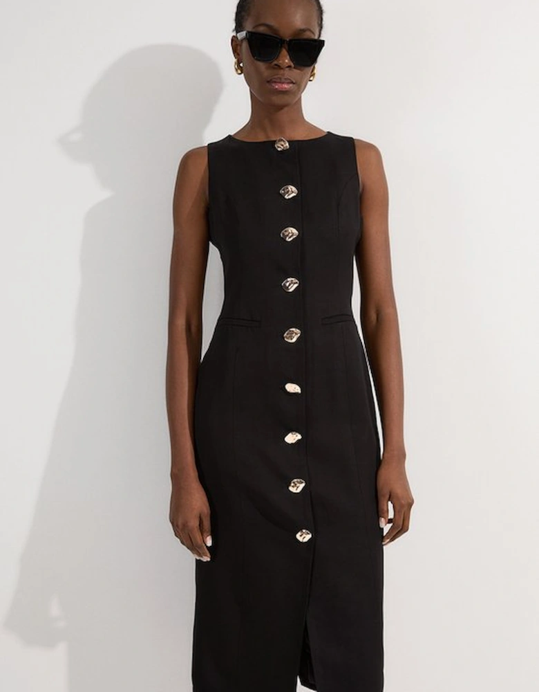 Viscose Linen Tailored Statement Button Front Pencil Midi Dress