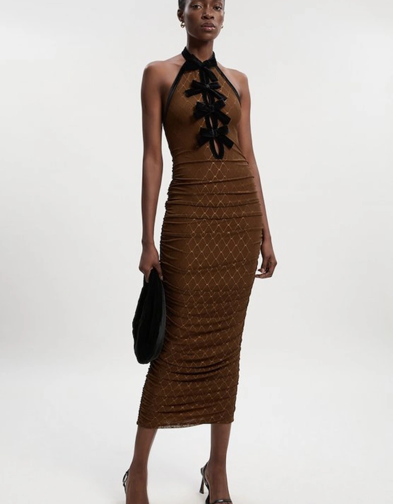Mesh With Velvet Bow Trim Detail Halter Neck Midi Dress