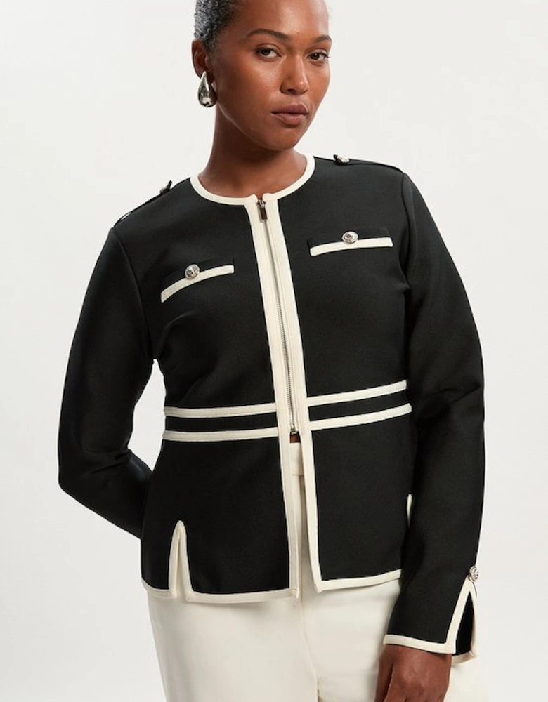 Plus Size Figure Form Bandage Military Contrast Piping Knit Split Hem Jacket