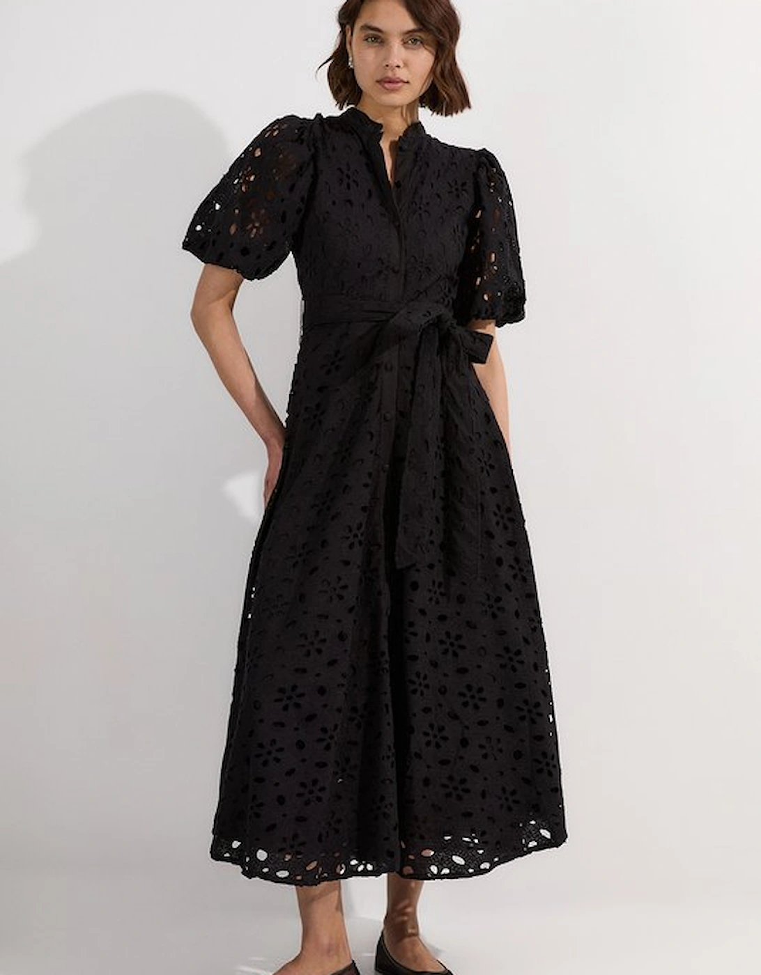 Cotton Broderie Belted Short Sleeve Woven Midi Dress, 5 of 4
