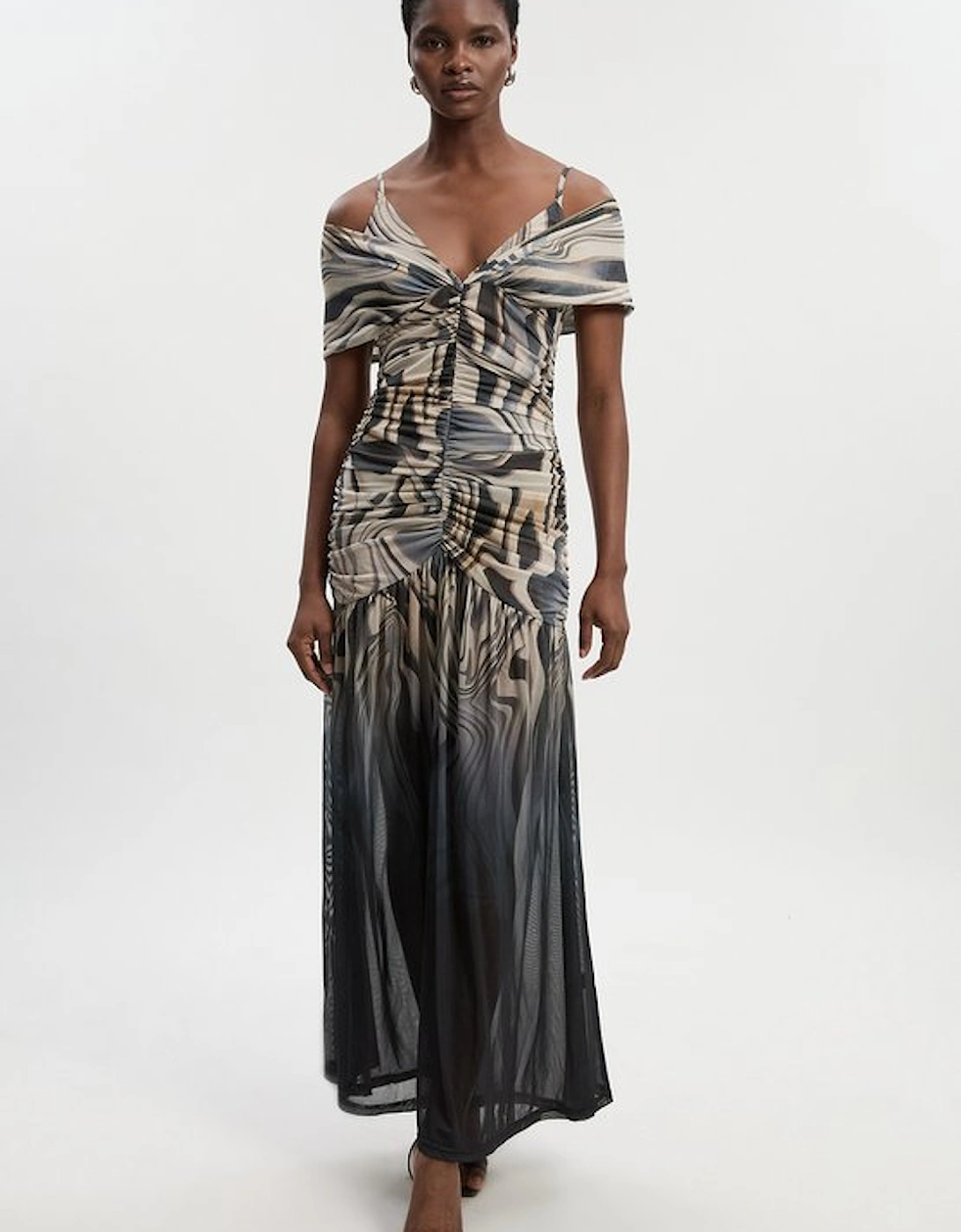 Petite Marble Print Mesh Plunge Strappy Detail Maxi Dress, 2 of 1