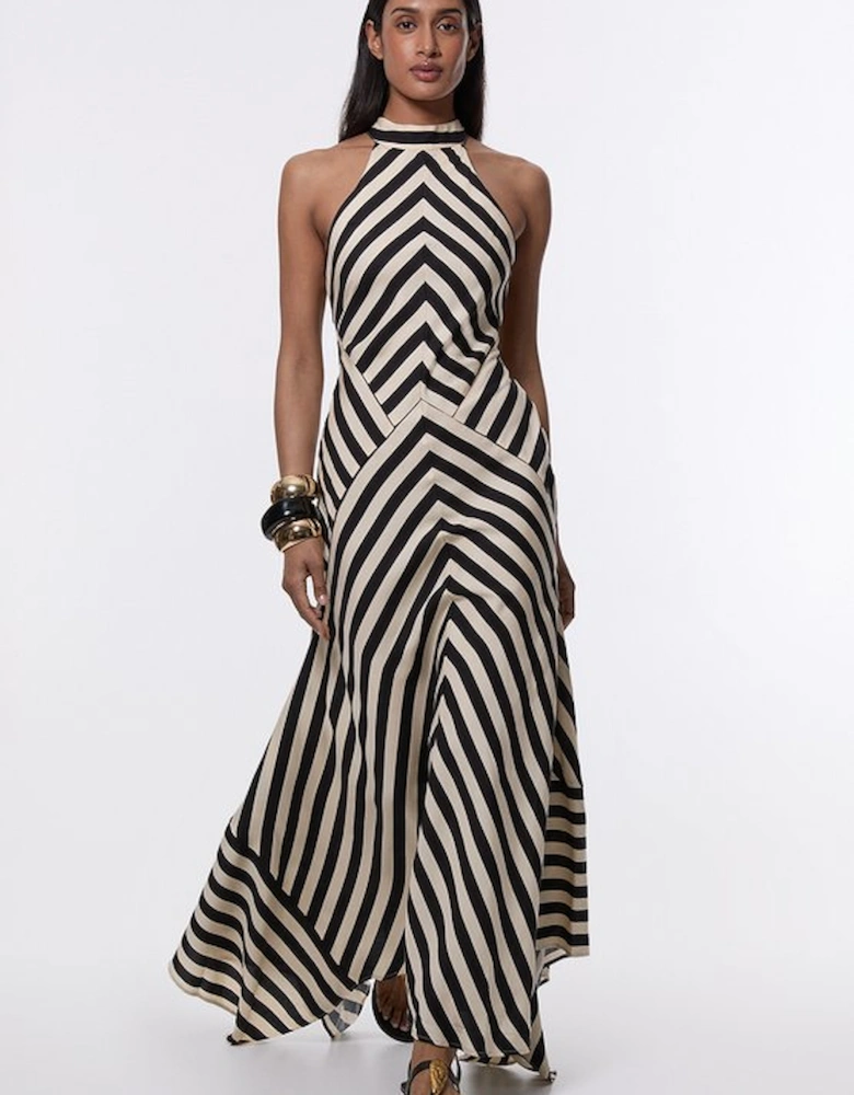 Mono Fluid Stripe Cotton Mix Woven Maxi Halter Dress