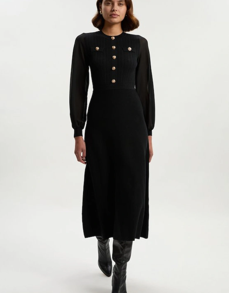Viscose Blend Maxi Knit Dress With Chiffon Sleeve Military Trim