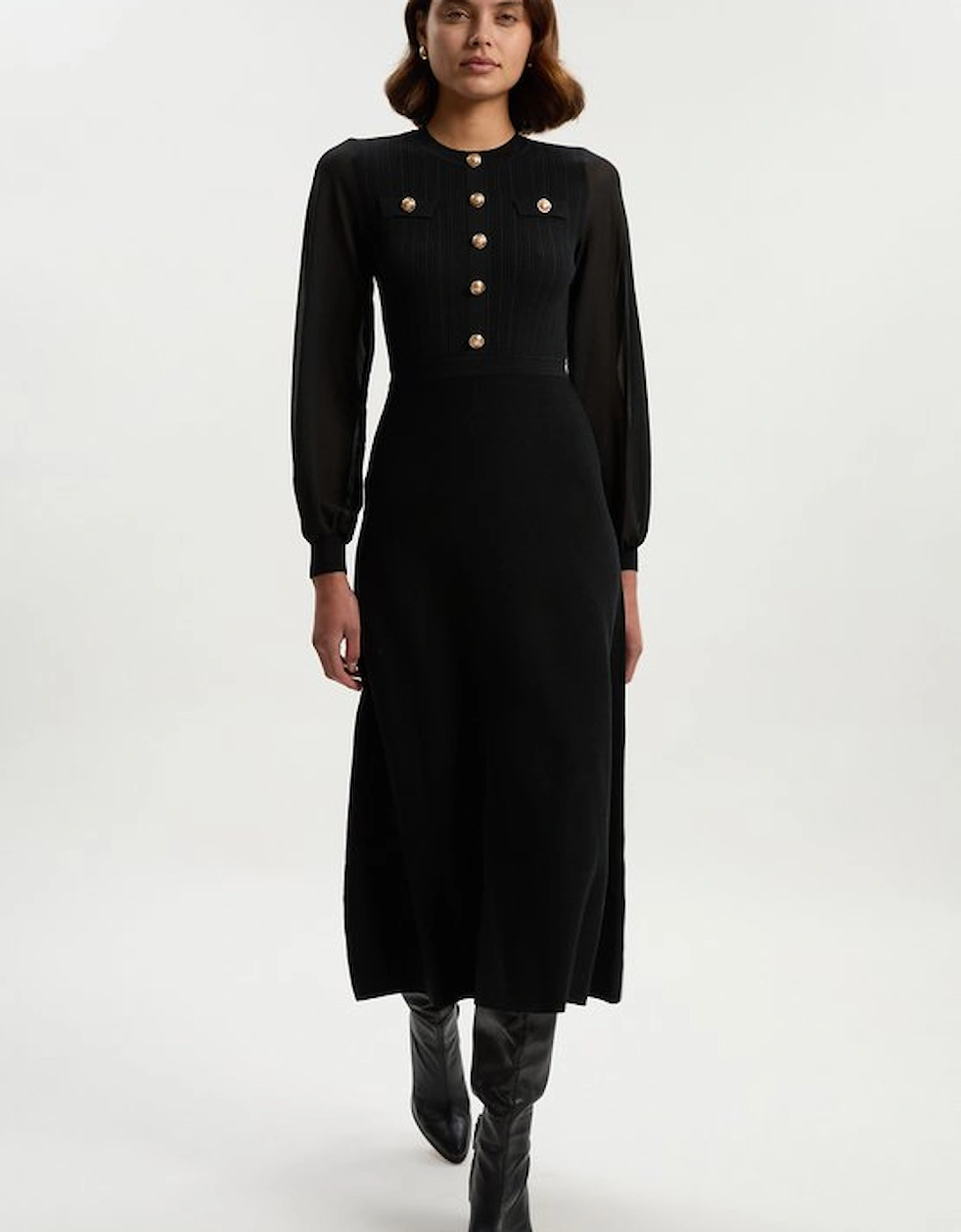 Viscose Blend Maxi Knit Dress With Chiffon Sleeve Military Trim, 2 of 1