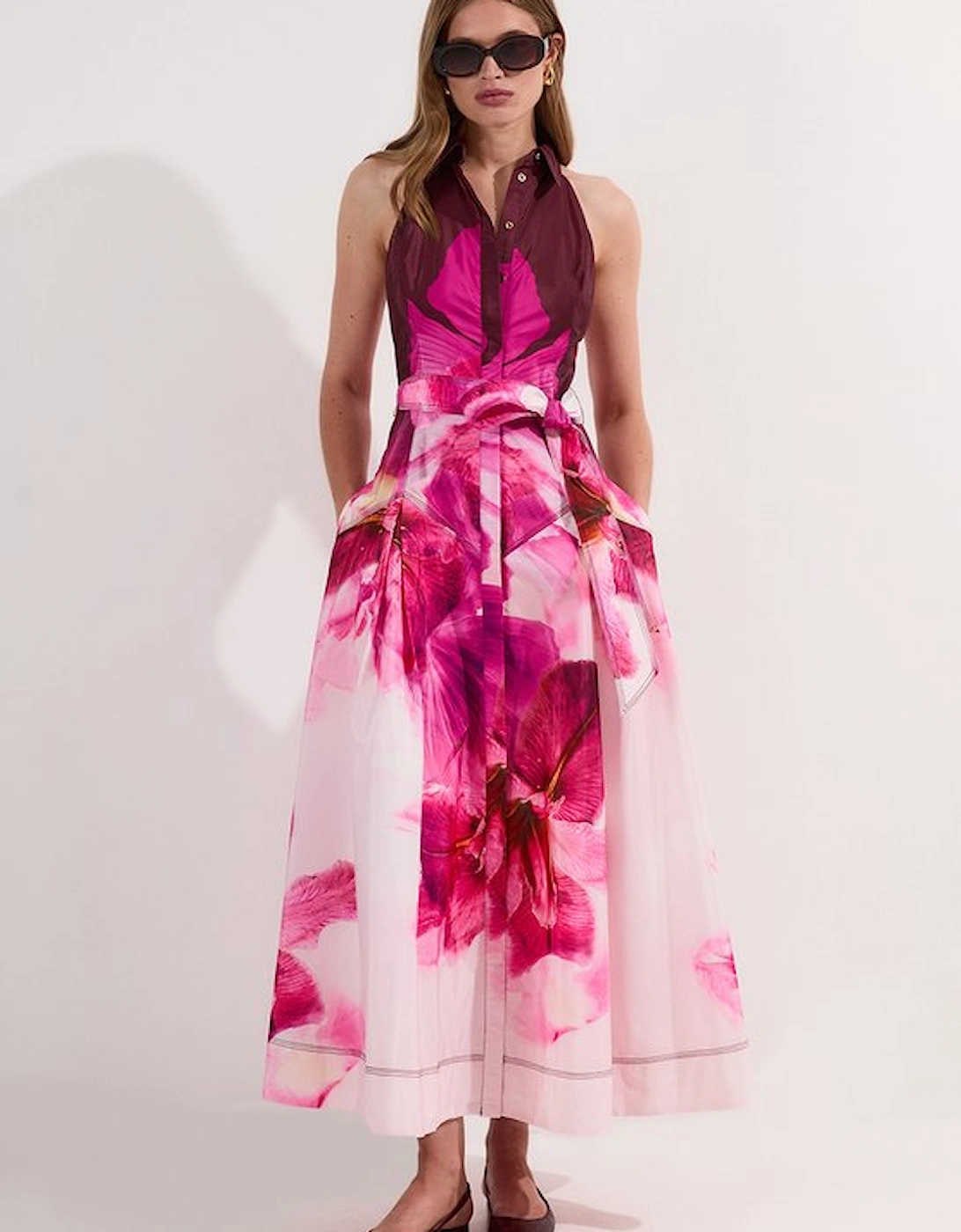 Placed Floral Taffeta Belted Woven Maxi Shirt Dress, 2 of 1