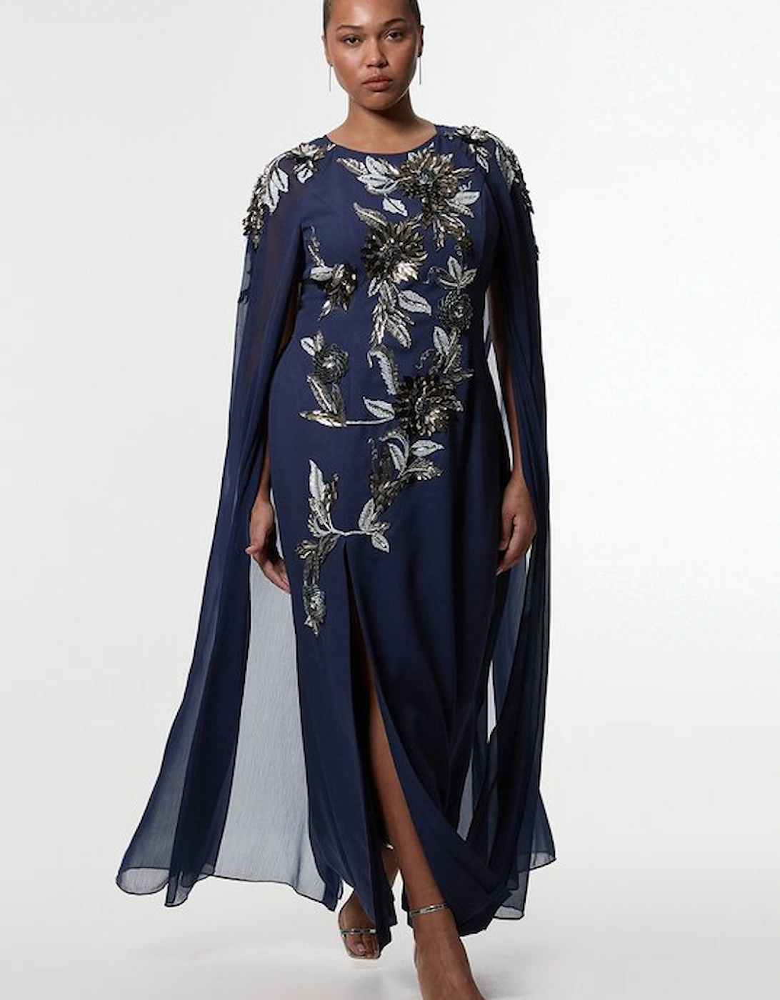 Plus Size Floral 3D Embellished Drama Cape Sleeve Woven Maxi Dress, 2 of 1