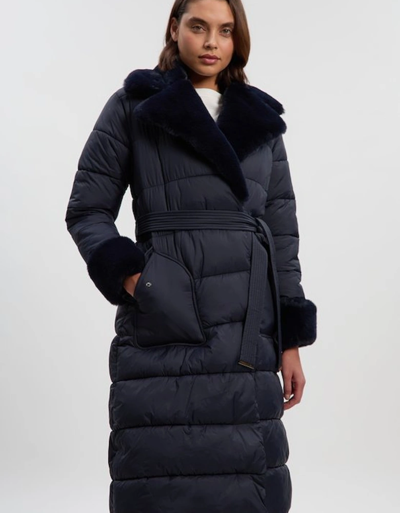Faux Fur Lined Belted Longline Puffer Coat