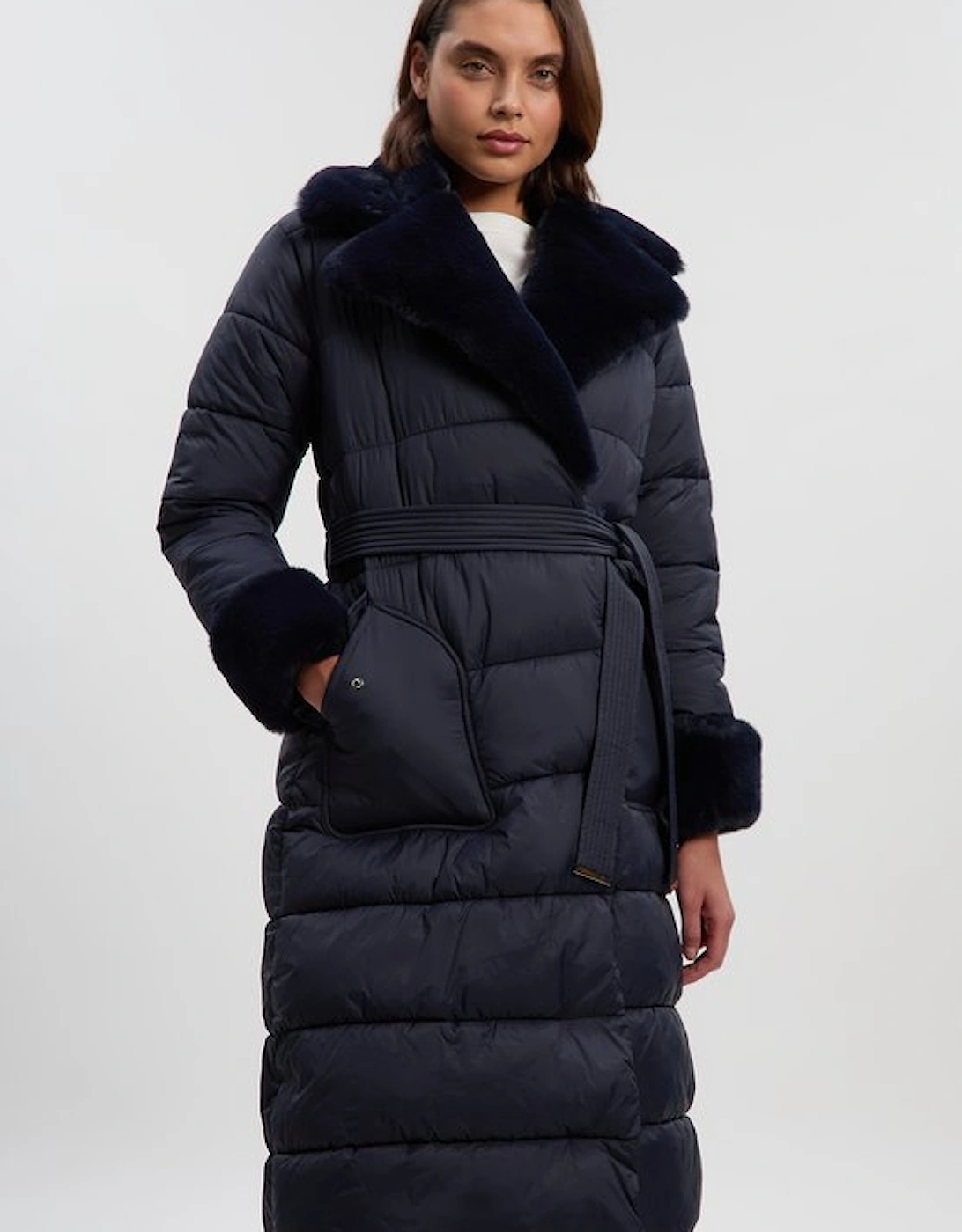 Faux Fur Lined Belted Longline Puffer Coat, 4 of 3