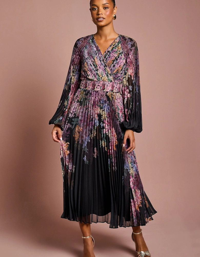 Petite Placement Print Long Sleeve Chiffon Pleated Wrap Dress