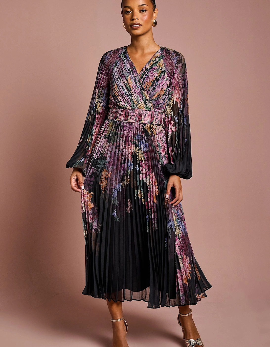 Petite Placement Print Long Sleeve Chiffon Pleated Wrap Dress, 2 of 1