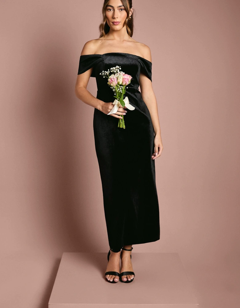 Velvet Bardot Column Bridesmaid Maxi Dress