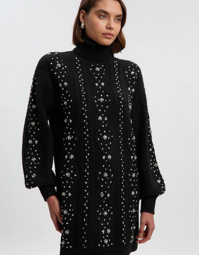 Wool Blend Embellished Cable Knit Jumper Mini Dress