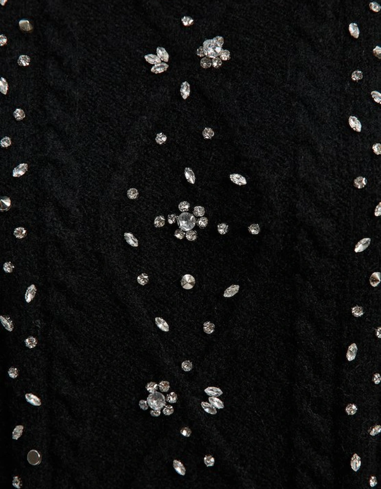 Wool Blend Embellished Cable Knit Jumper Mini Dress