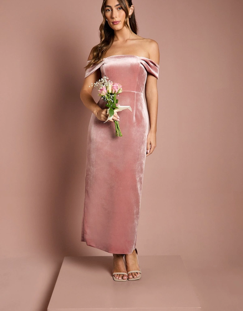 Velvet Bardot Column Bridesmaid Maxi Dress