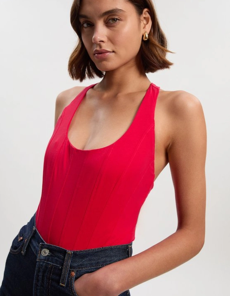 Cotton Elastane Corset Detail Scoop Neck Bodysuit
