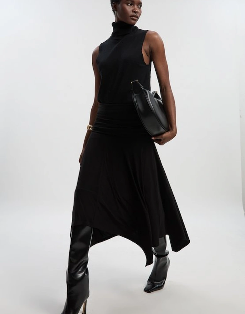 Stretch Drapey Crepe Ruched Hanky Hem Midi Skirt