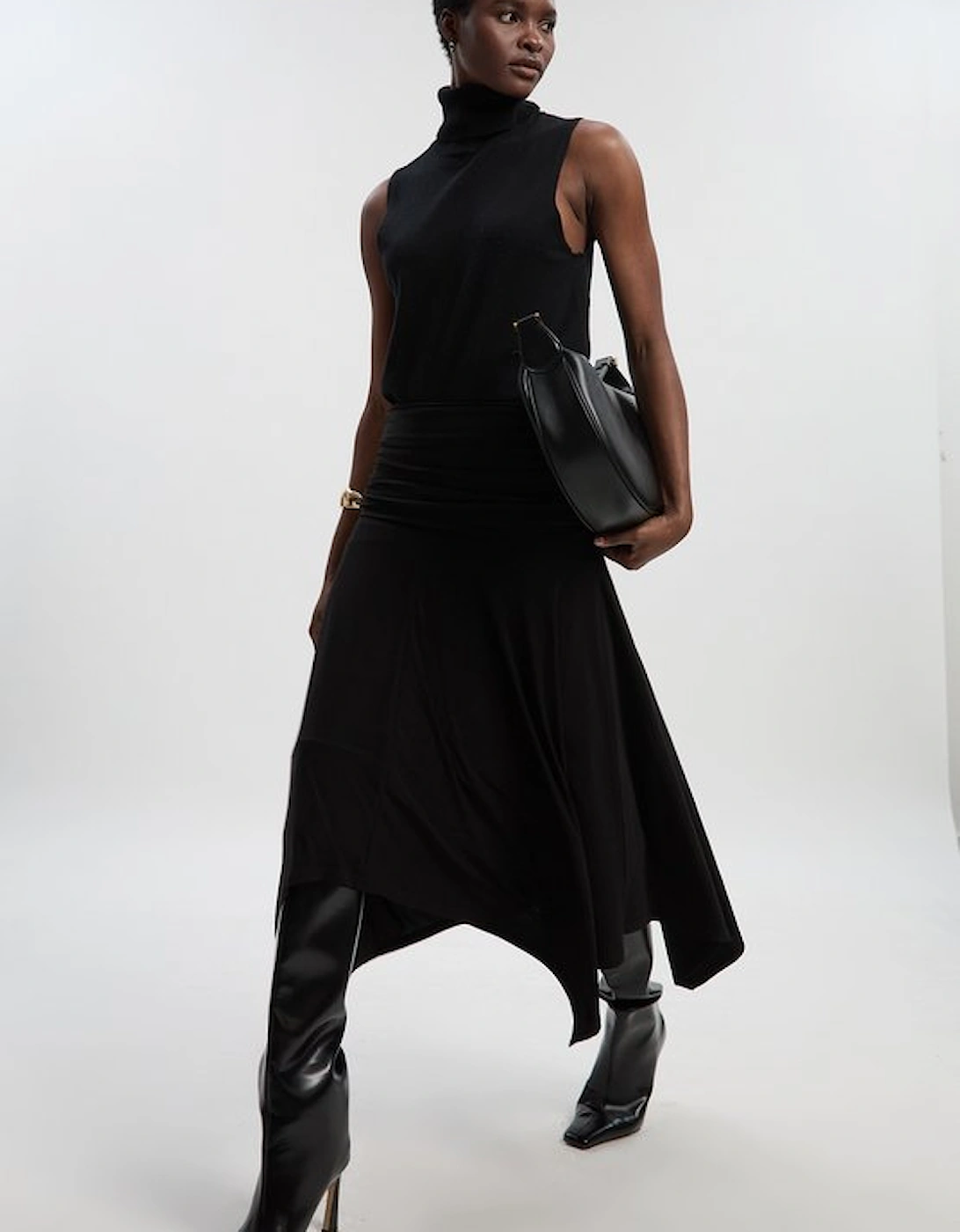 Stretch Drapey Crepe Ruched Hanky Hem Midi Skirt, 2 of 1