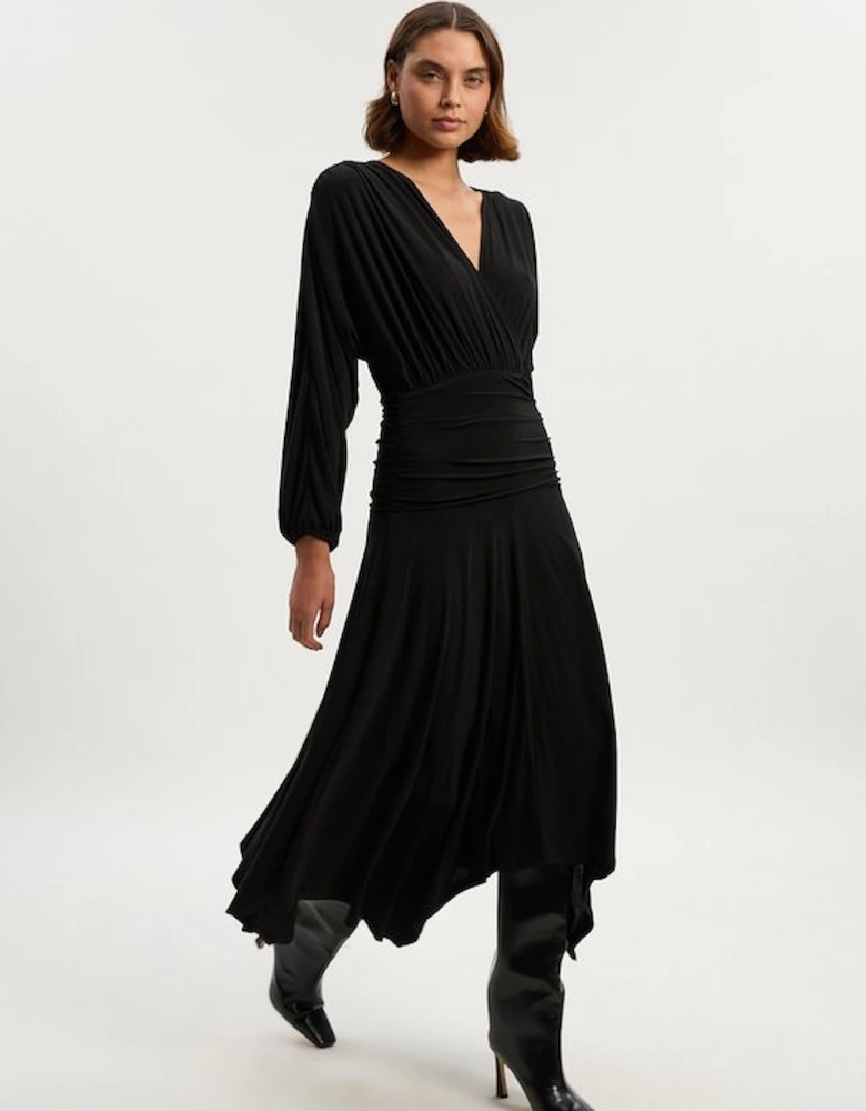Stretch Drapey Crepe Ruched Plunge Neck Batwing Sleeve Maxi Dress