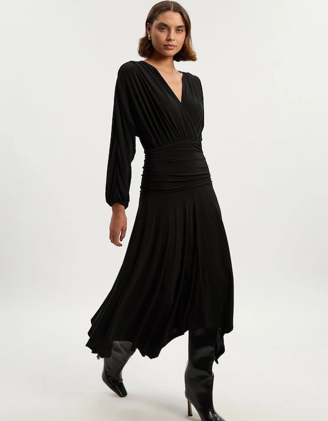 Stretch Drapey Crepe Ruched Plunge Neck Batwing Sleeve Maxi Dress, 2 of 1