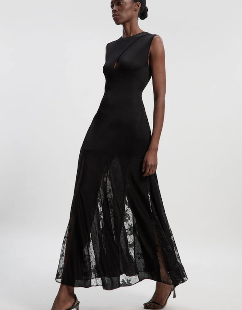 Viscose Blend Slinky Sheer Lace Detail Knit Maxi Dress