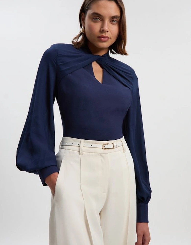 Ponte And Georgette Mix Balloon Sleeve Cut Out Detail Top