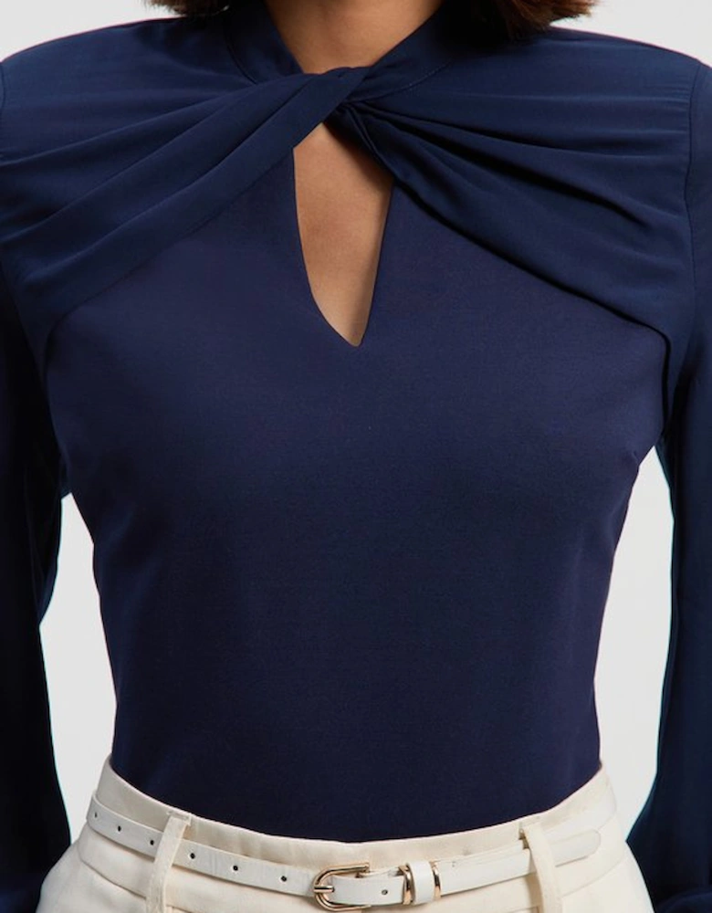 Ponte And Georgette Mix Balloon Sleeve Cut Out Detail Top