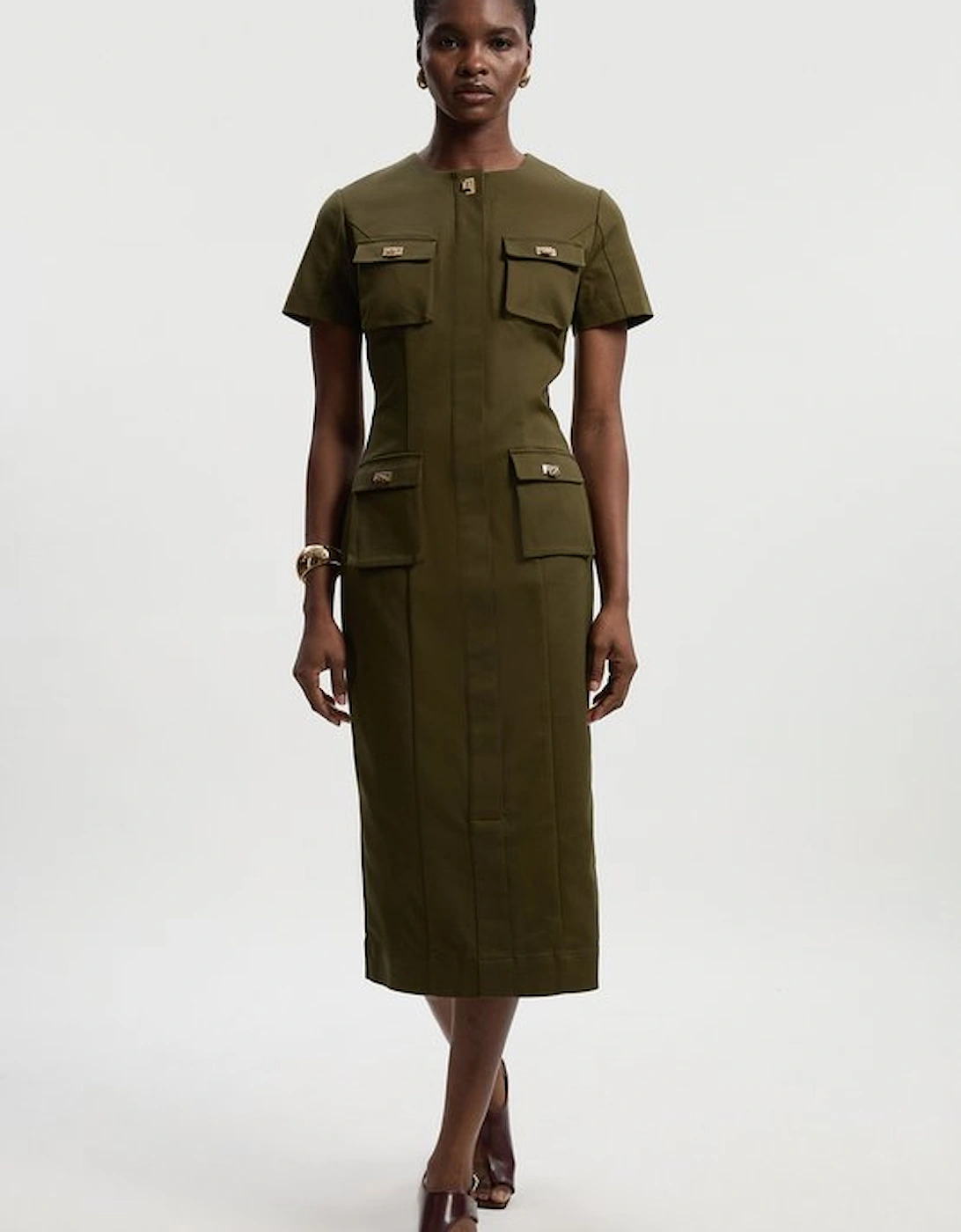 Techno Short Sleeve Hardware Detail Woven Midi Dress, 2 of 1