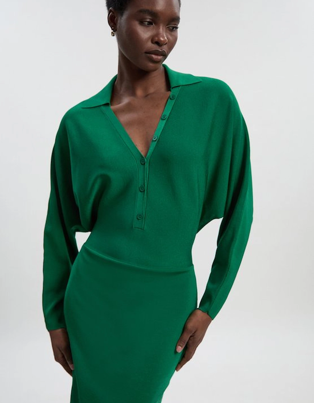 Petite Viscose Blend Slinky Batwing Button Neck Knit Midi Dress, 2 of 1