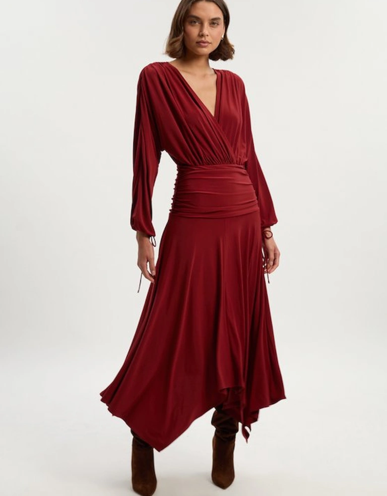 Stretch Drapey Crepe Ruched Plunge Neck Batwing Sleeve Maxi Dress
