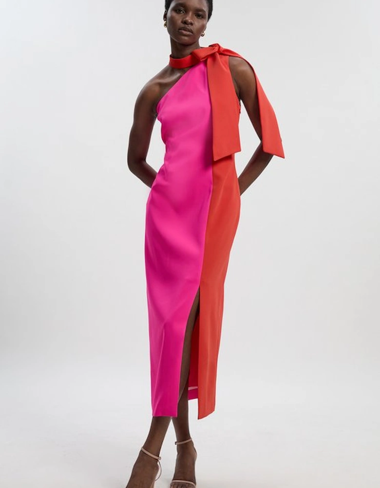 Soft Tailored Colour Block Bow Tie Neck Midi Dress