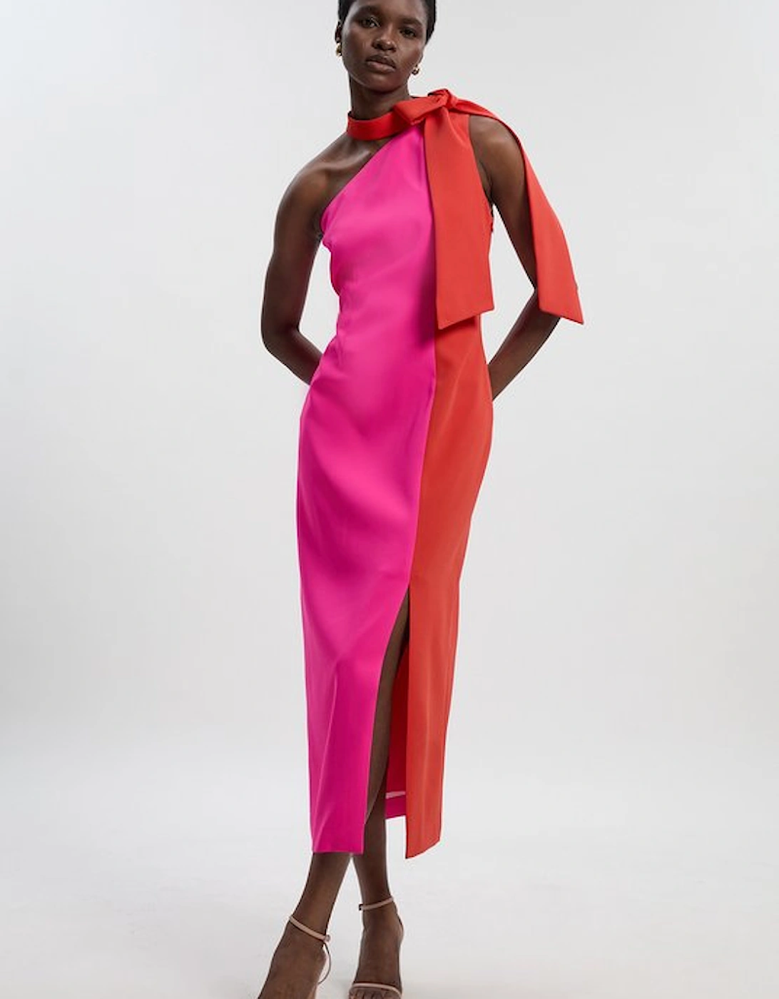 Soft Tailored Colour Block Bow Tie Neck Midi Dress, 4 of 3