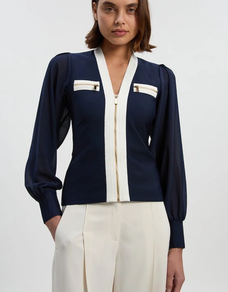 Chiffon Sleeve Zip Through Bandage Knit Top