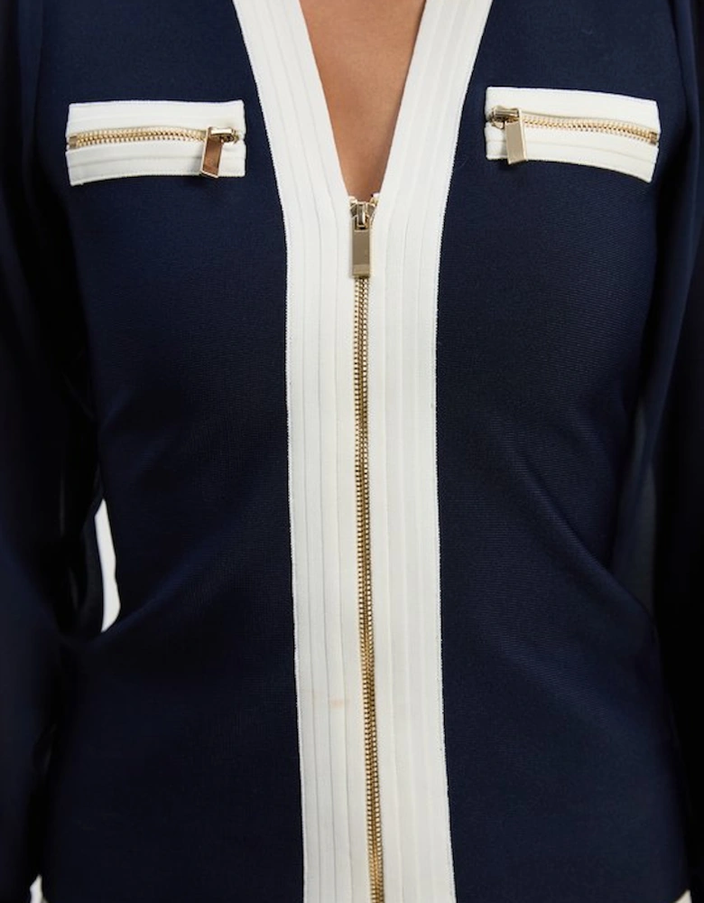 Chiffon Sleeve Zip Through Bandage Knit Top