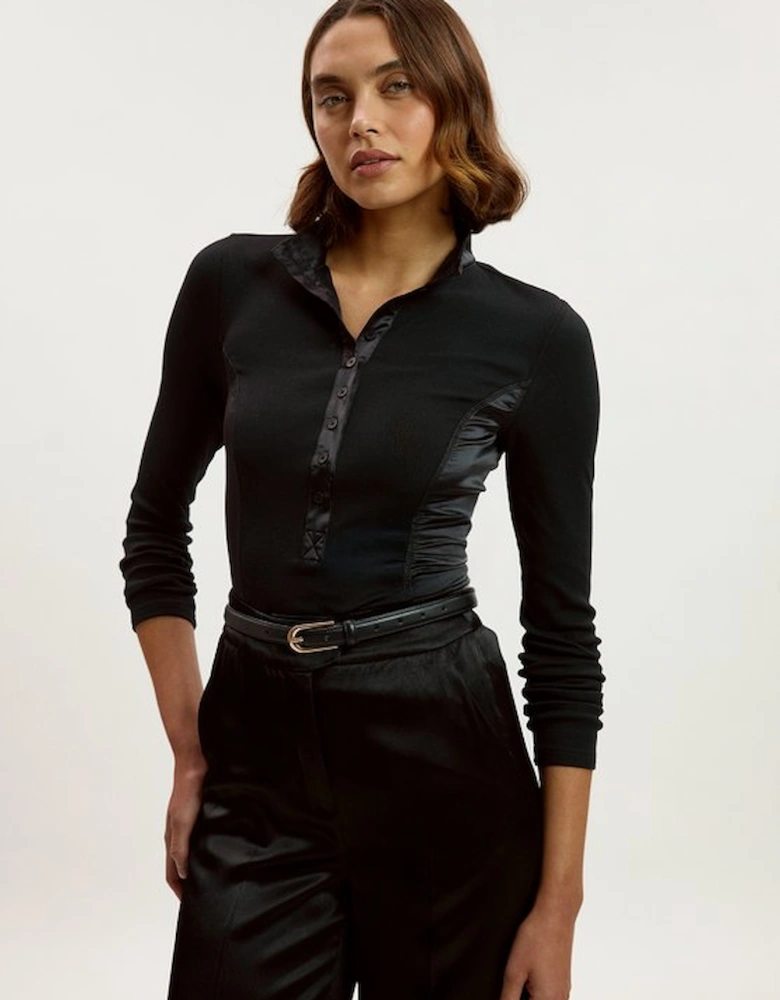 Luxe Viscose Rib Jersey High Neck Satin Detail Top