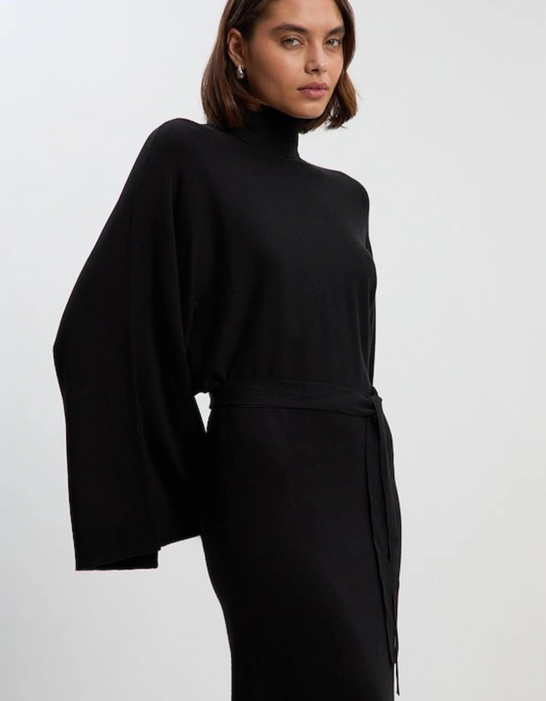 Viscose Blend Funnel Neck Belted Knitted Midi Dress