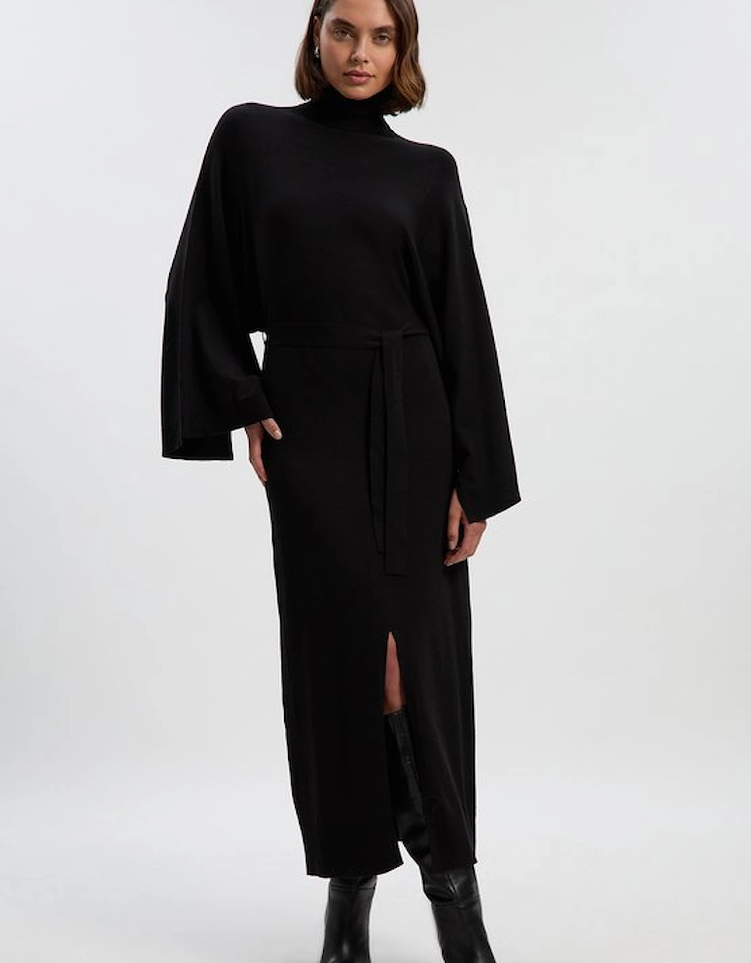 Viscose Blend Funnel Neck Belted Knitted Midi Dress, 4 of 3