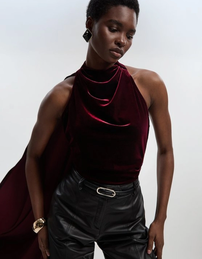 Stretch Velvet High Neck Cape Shoulder Bodysuit