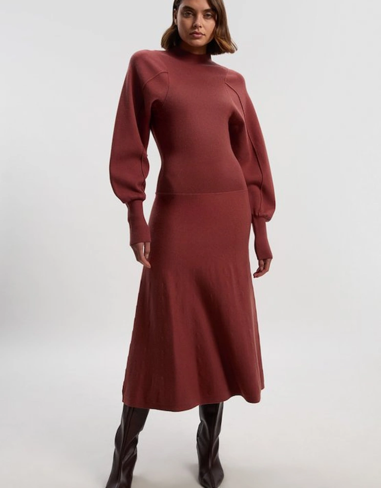 Wool Look Rounded Sleeve Knit Midi Dress