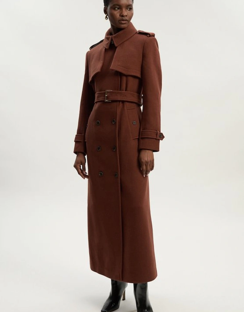 Wool Pu Mix Tailored Belted Trench Maxi Coat