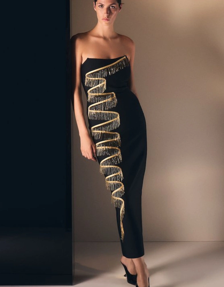 Embellished Fringe Bandeau Figure Form Maxi Dress