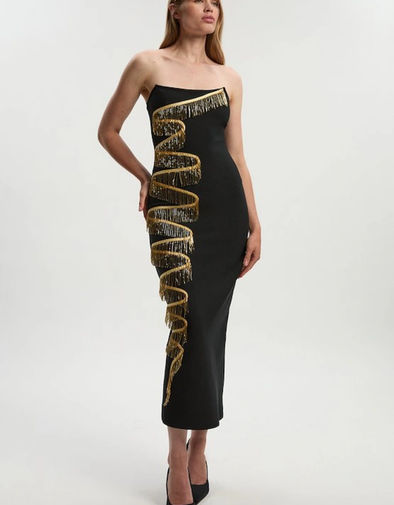 Embellished Fringe Bandeau Figure Form Maxi Dress