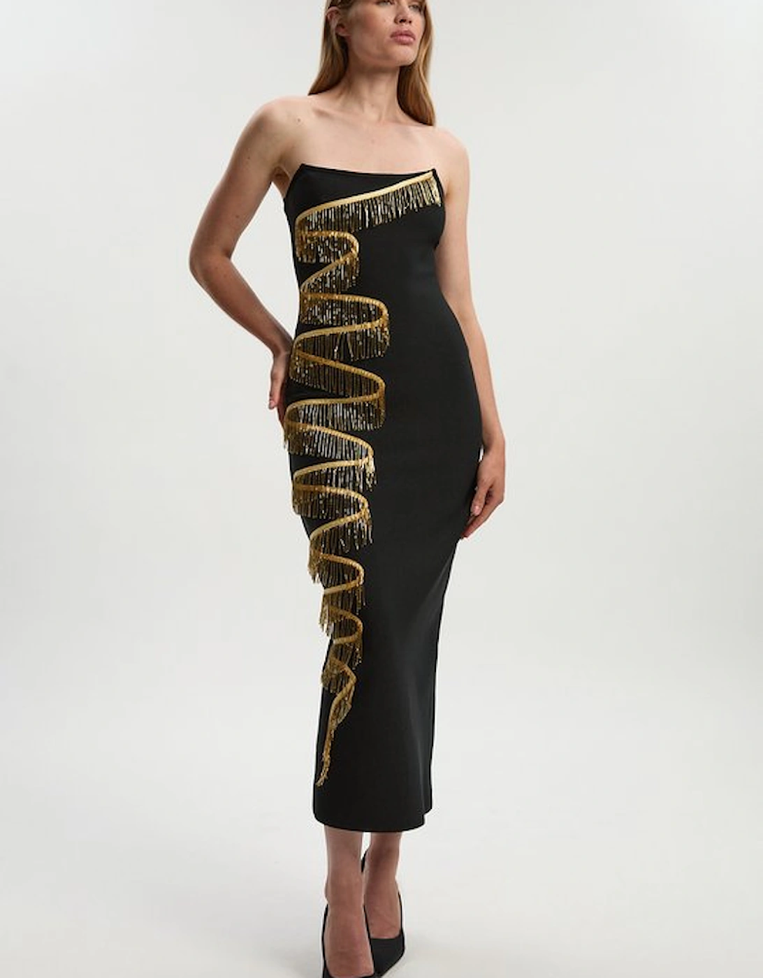 Embellished Fringe Bandeau Figure Form Maxi Dress