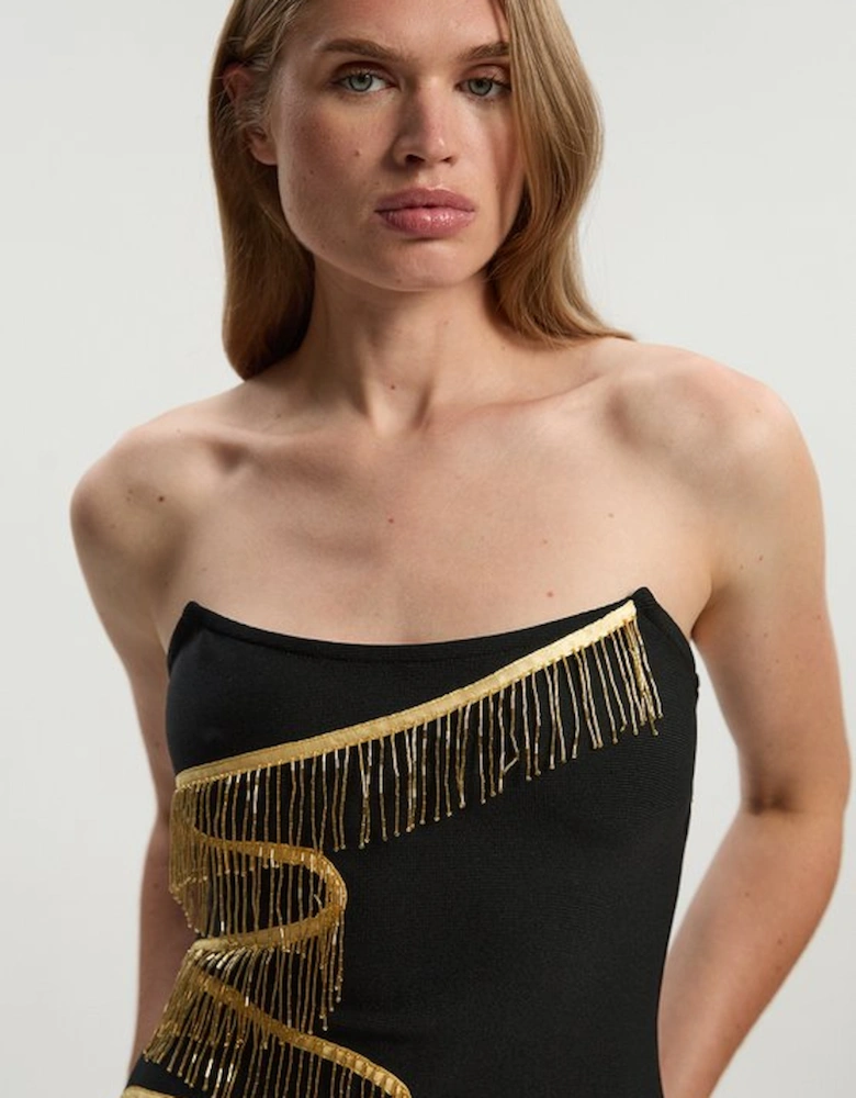 Embellished Fringe Bandeau Figure Form Maxi Dress