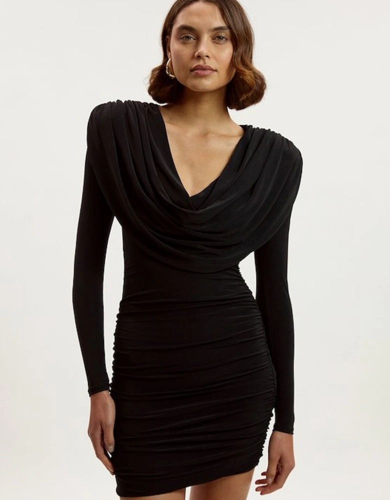 Stretch Drapey Crepe Ruched Plunge Neck Long Sleeve Mini Dress