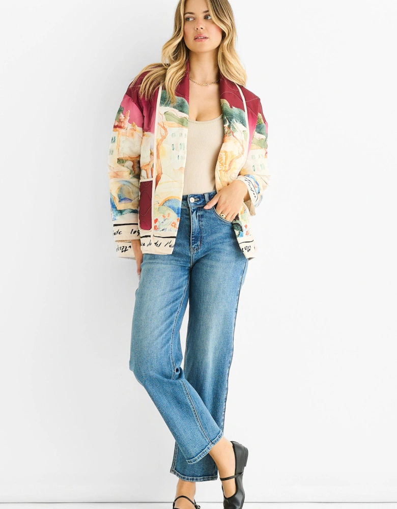 Burgundy Water Print Lightweight Quilted  Jacket