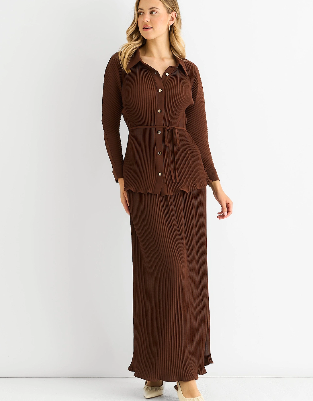 Gini London Women's Brown Chocolate Plisse Elasticated Waist Maxi Skirt - : Size 6