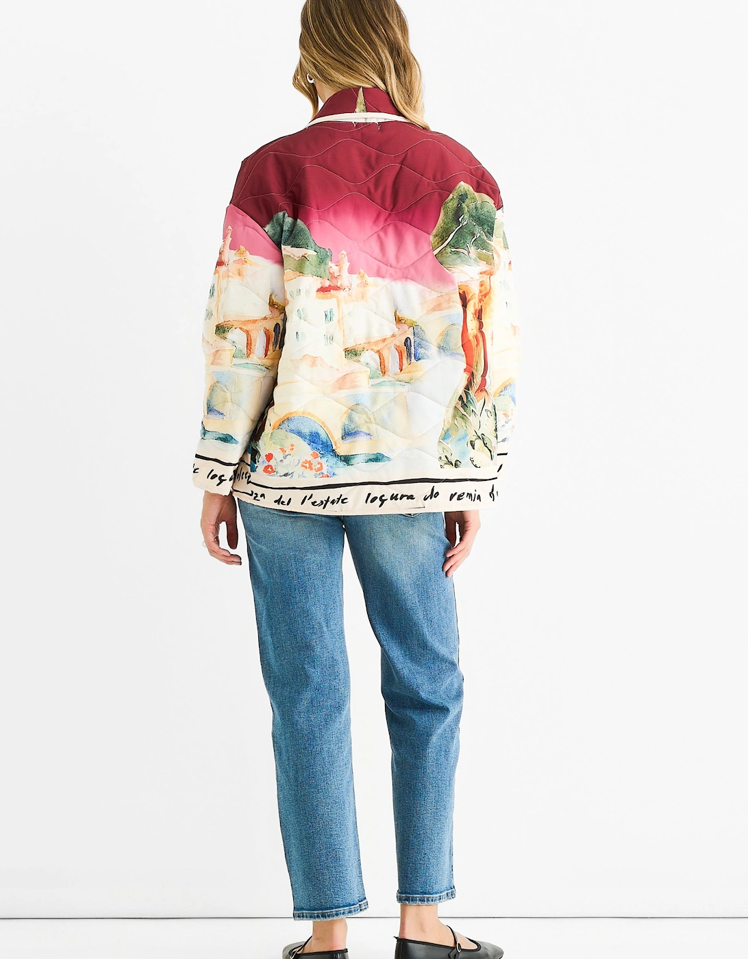 Burgundy Water Print Lightweight Quilted  Jacket