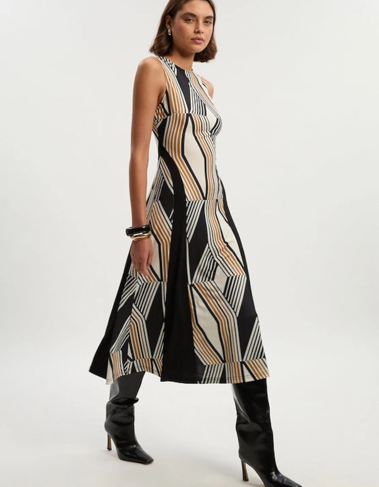 Geo Print Crepe Pleated Maxi Dress