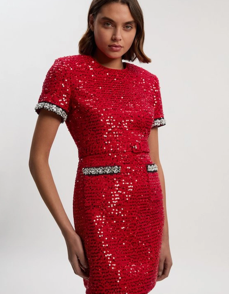 Tailored Sequin Tweed Tie Bow Neck Embellished Mini Dress