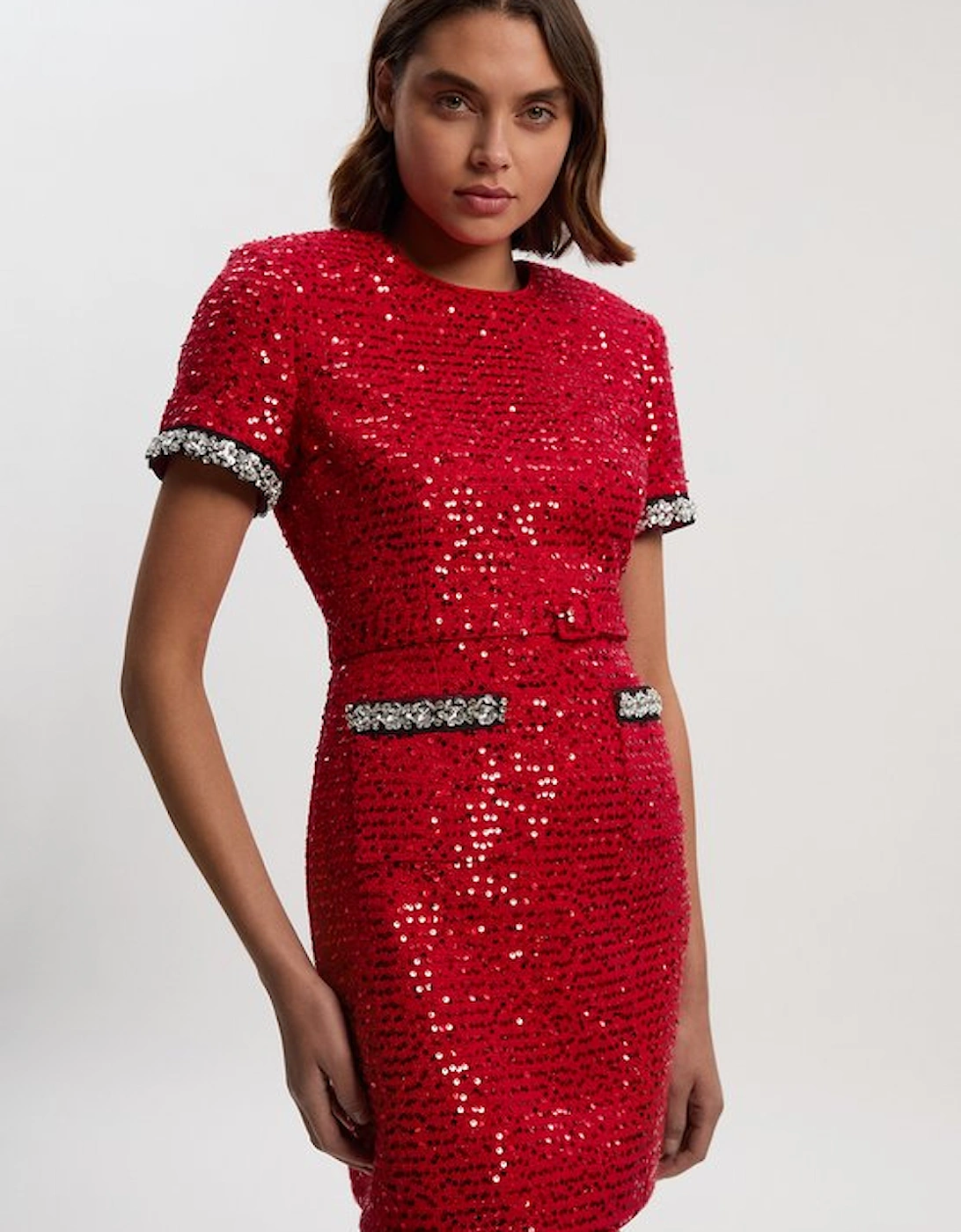 Tailored Sequin Tweed Tie Bow Neck Embellished Mini Dress, 4 of 3